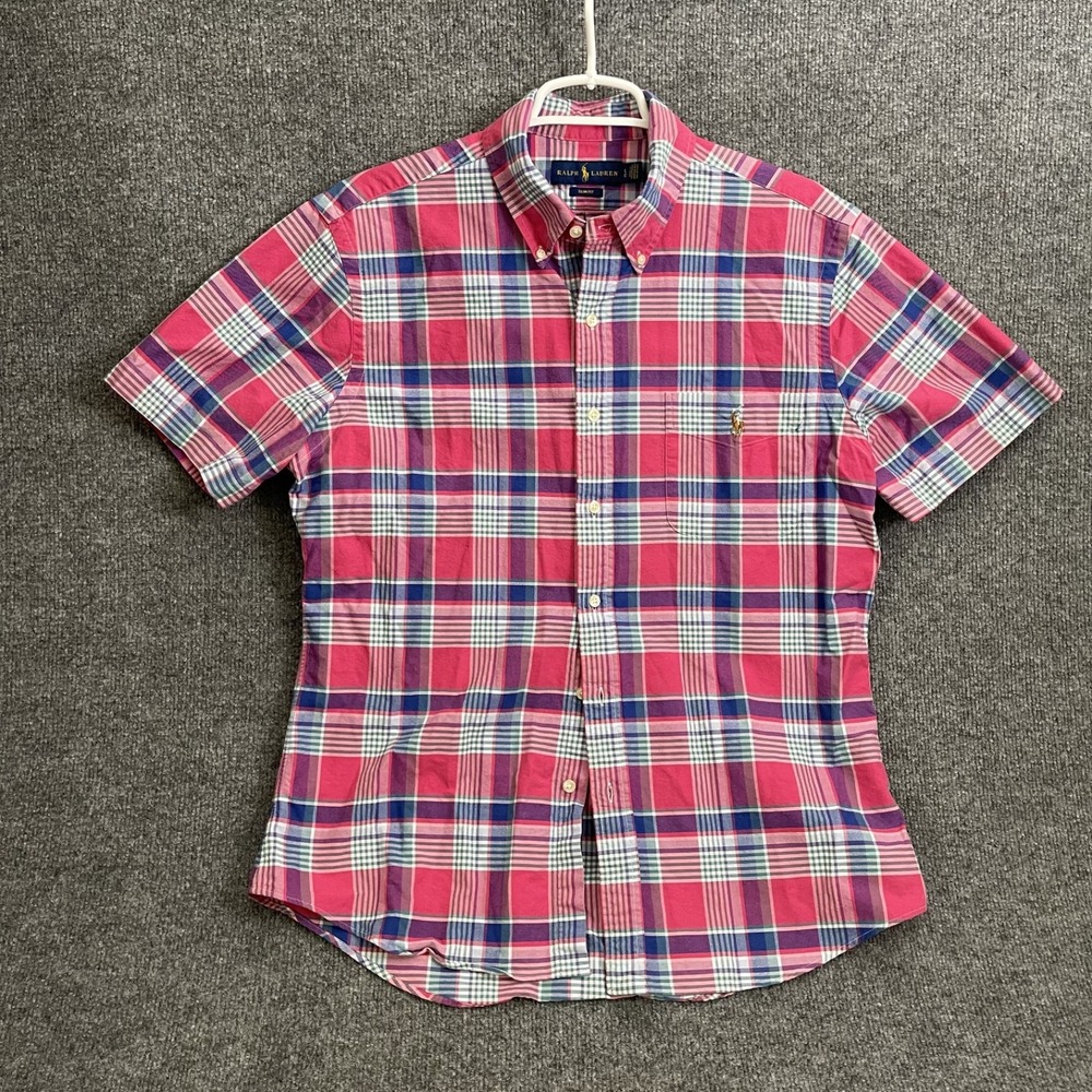 Polo Ralph Lauren Plaid Shirt Men's Sz L Slim Fit Short Sleeve Pony Red Check